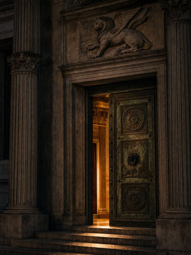 An open bronze door in a neoclassical facade, light spilling onto the steps