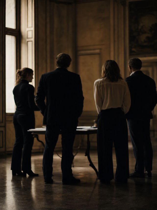 Four people standing around a table in a bare neoclassical room